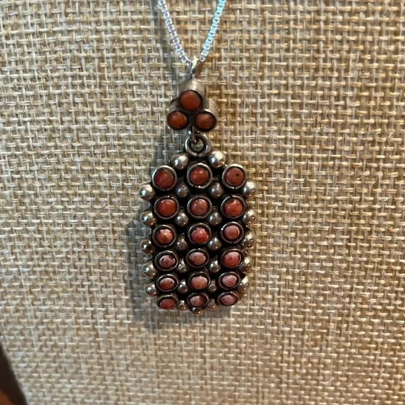 Hand Crafted Jewelry - Vintage 925 Silver Beaded Coral Pendant on New 20" Sterling Box Chain